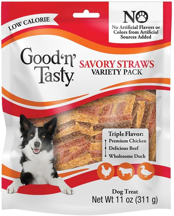Good 'n' Tasty Savory Straws Variety Pack Treats for All Dogs, Crunchy Veggie Straw-Inspired Low-Calorie Gourmet Dog Treats, Real Chicken, Beef or Duck, 3.7 oz