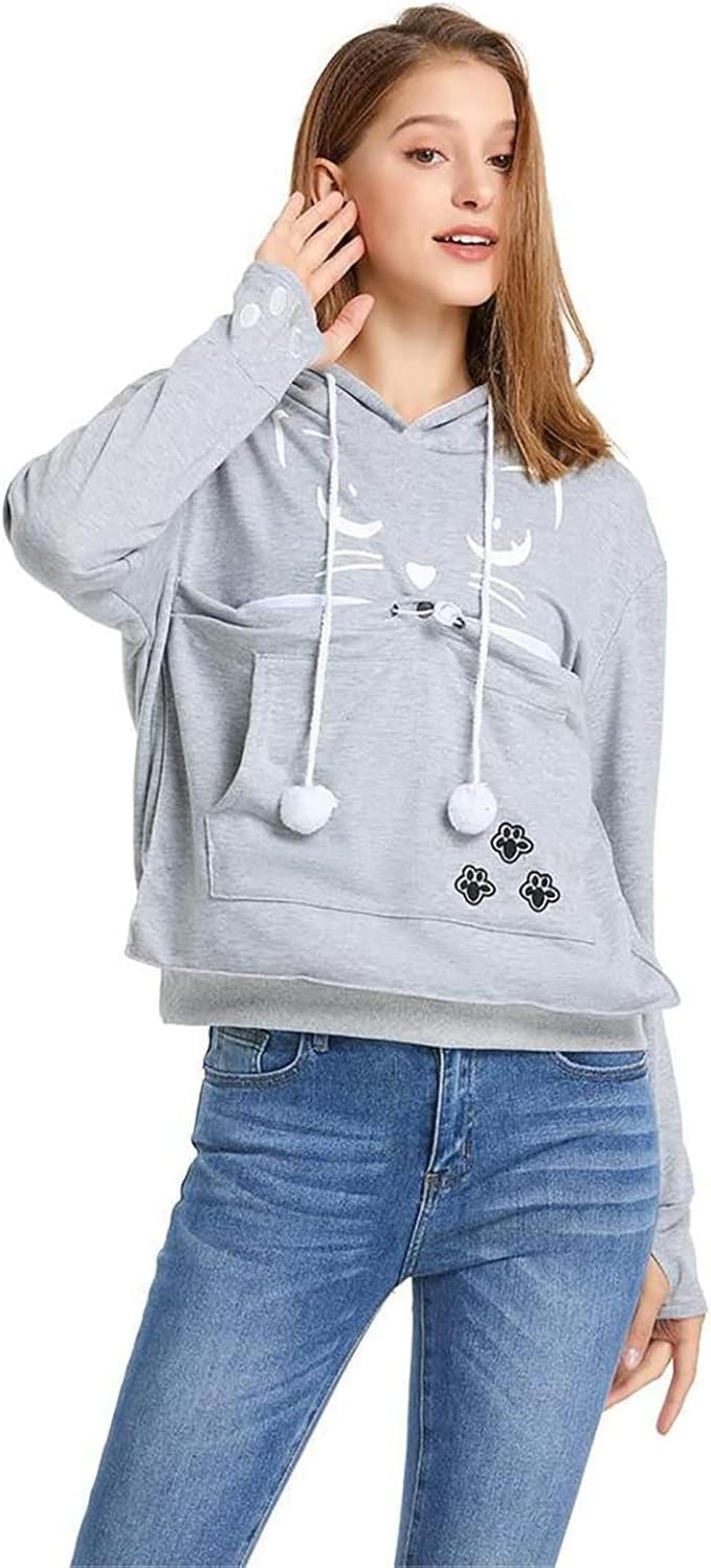ALYC Unisex Hoodies Pet Holder Cat Dog Kangaroo Pouch Carries Pullover with Cat Printing Sweatshirt (Light Grey, XXXL)
