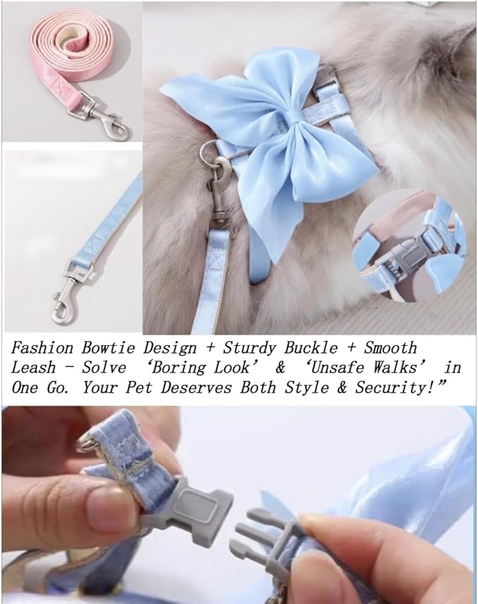 Cat Harness with Bow Pink Soft Velvet Chest Strap for Kittens and Cats, Adjustable Pet Leash for Walks, Cute Dog Collar Accessory (Blue,Small (3-7 lbs))