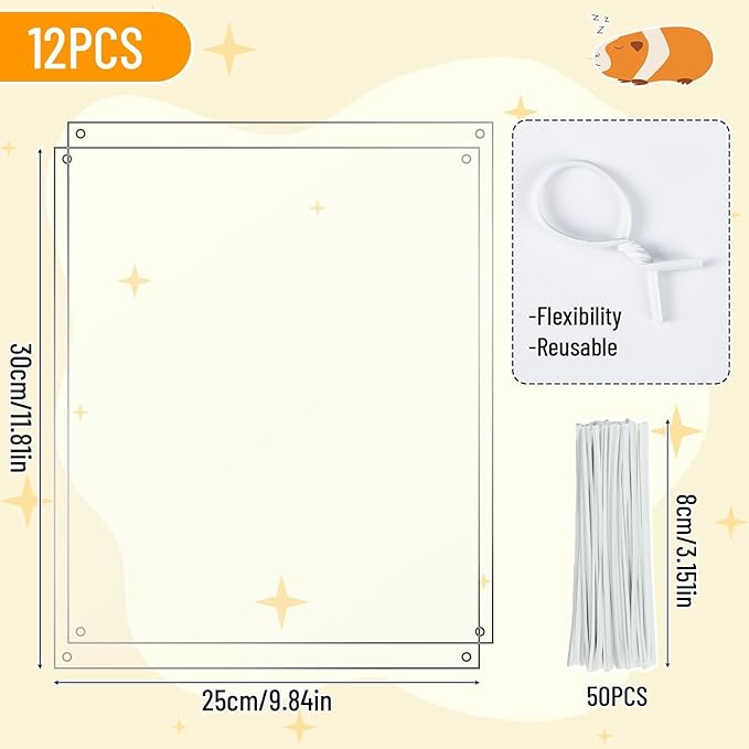 PETKNOWS 12 Pack Pet Cage Liner Protection Rabbit Cage Urine Guard Clear Cage Edge Liner Guinea Pig Side Lining Habitat Siding Cage Accessories, 11.8 inches x 9.8 inches Bedding Litter