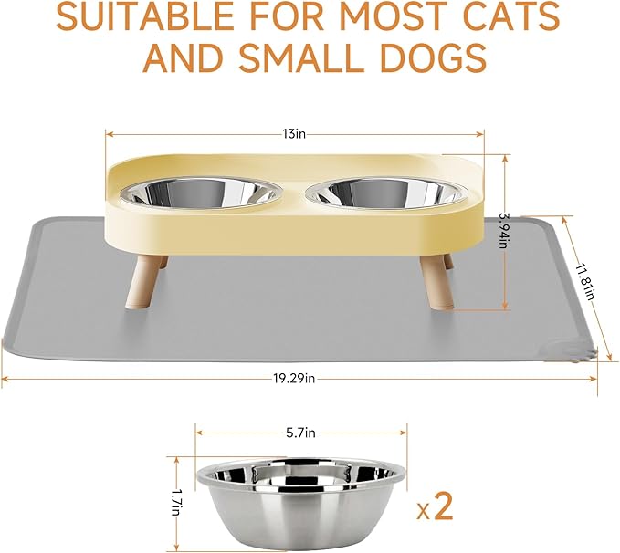Elevated Cat Bowl with Food Mat, Raised Cat Food and Water Bowl Set for Indoor Cats, Splash Proof with 2 Stainless Steel Pet Food Bowls for Cat and Puppies,Whisker Fatigue and Dishwasher Safe (Yellow)