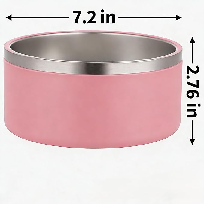 Large 42oz Stainless Steel Dog Bowl, Pink – Premium Metal Pet Water & Food Bowl, Non-Slip Base, Dishwasher Safe, 7.2" Dia x 2.8" H for Small Medium Dogs