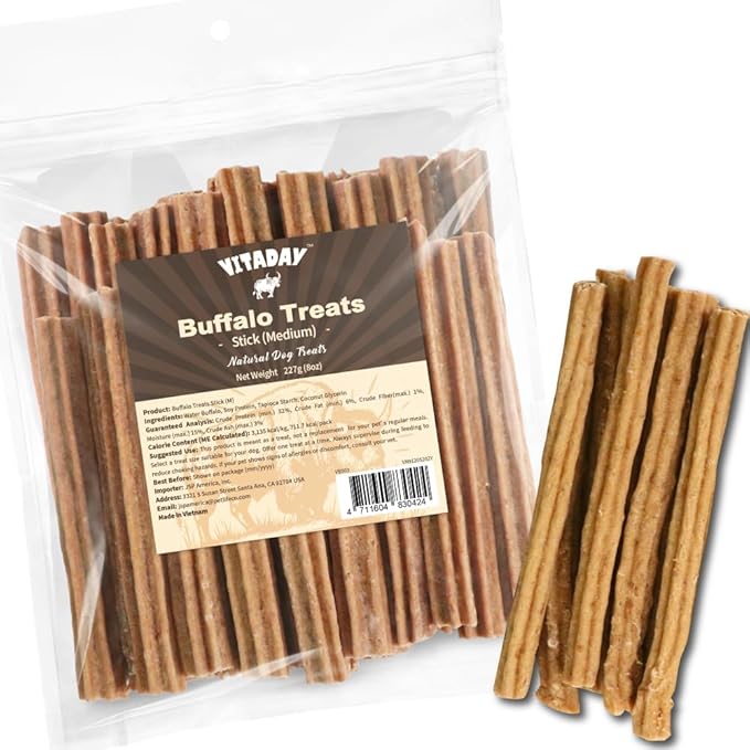 VITADAY Buffalo Dog Treats Stick (M) 8oz, Natural Low-Fat Chews for Training & Rewards, Limited Ingredient, Perfect for Medium Dogs & Puppies