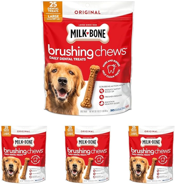 Milk-Bone Brushing Chews Original Chicken Flavor Daily Dental Dog Treats, Large, 33.7 Oz. Bag (Pack of 4)