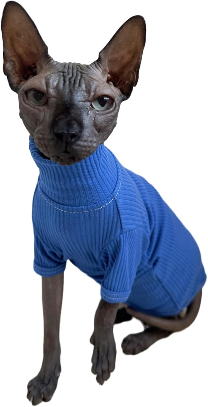 Sphynx Cats Shirt Cat Turtleneck Cotton Sweater Pullover Kitten T-Shirts with Sleeves Cat Pajamas Jumpsuit for Sphynx Cornish Rex, Devon Rex, Peterbald (XX-Large (Pack of 1), Deep Blue)