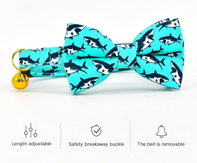 Oceanic Sharks Cat Breakaway Collar Bow Tie with Bell, Wedding/Birthday Cat Accessories