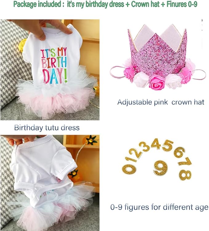 ANIAC Dog Birthday Dress and Hat Set Puppy Lace Tutu Pink Pet Crown Hat with 0-9 Figures Birthday Outfit for Cats Small Dog (White+Pink,Medium)