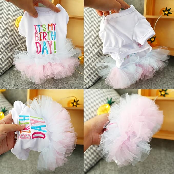 ANIAC Girl Dog Birthday Tutu Dresses Puppy Lace Skirt and Hairpin Cat Birthday Princess Dress Pet Clothes for Cats Small Dogs (Large, White)