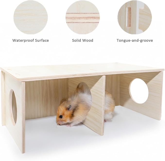 Hamster Peep Tunnel, 2-Chamber Wooden Hamster Hideout, Water-Resistant Platform for Syrian Hamsters and Small Pets, 11" x 5.3" x 4.3"