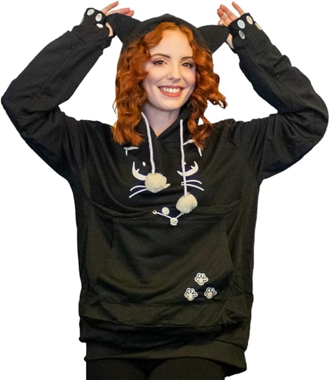ALYC Unisex Hoodies Pet Holder Cat Dog Kangaroo Pouch Carries Pullover with Cat Printing Sweatshirt (Black, L)