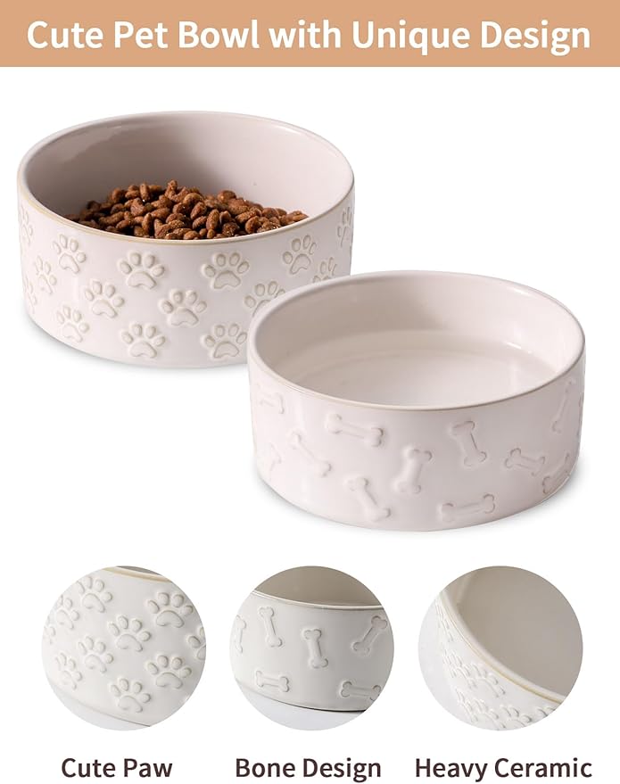 UBEE Ceramic Dog Bowl Set of 2, 5.1 inch Dog Food Bowl Dish, Pet Food Water Dish Feeding for Small Dogs and Large Cat, Bone + Paw Pattern, 5.1 in-Small, White