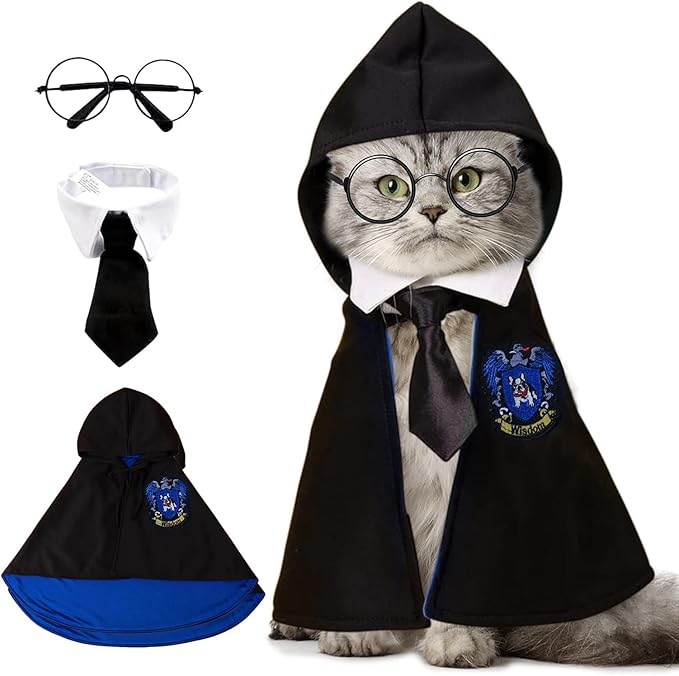Cat Halloween Costume - Pet Wizard Costumes Mantle Magician Cosplay Clothes with Bowtie & Glasses Set, Festival Party Apparel for Small Pets Cats Dogs