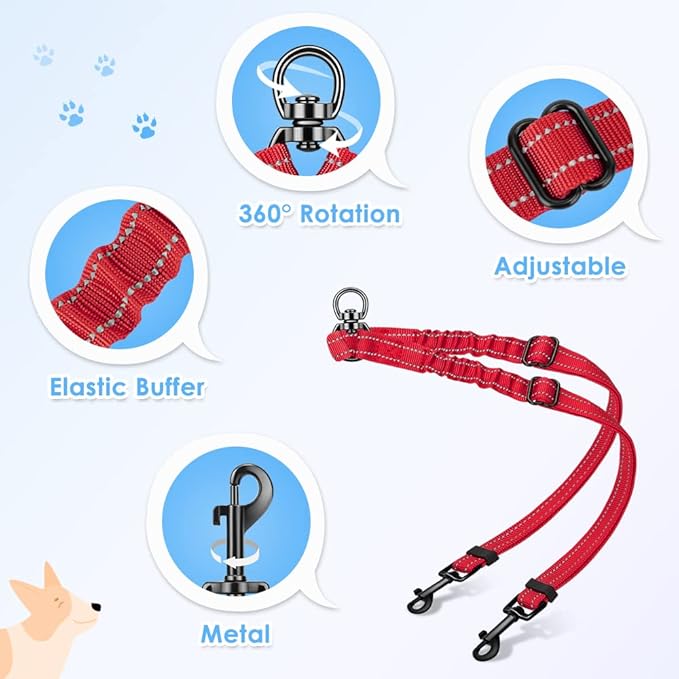AUTOWT Double Dog Leash, No Tangle 360° Swivel Rotation Reflective Lead Attachment Adjustable Length Dual Two Dog Lead Splitter, Comfortable Shock Absorbing Walking Training for 2 Dogs Red