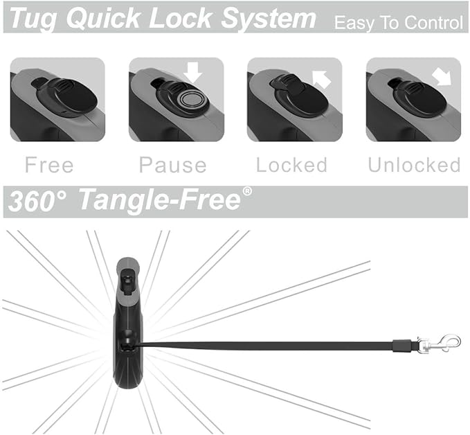 TUG 360° Tangle-Free Retractable Dog Leash with Anti-Slip Handle | 16 ft Strong Nylon Tape| One-Handed Brake, Pause, Lock (Medium, Grey)