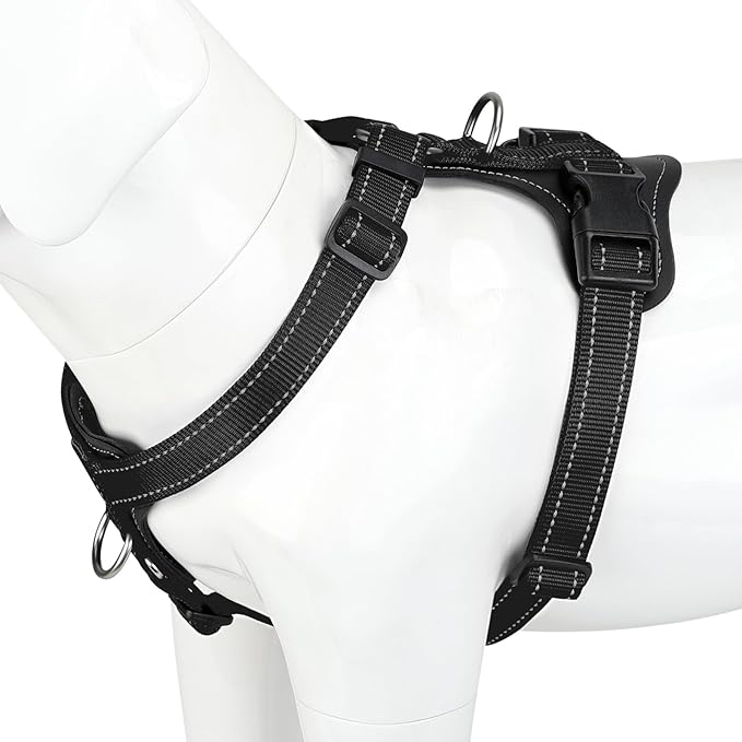 Plutus Pet Adjustable No Pull Dog Harness with Leather Accents, Heavy Duty Reflective Nylon Vest for Training, Hiking, Easy Walk Harness for Small, Medium, Large Dogs (Black, M)