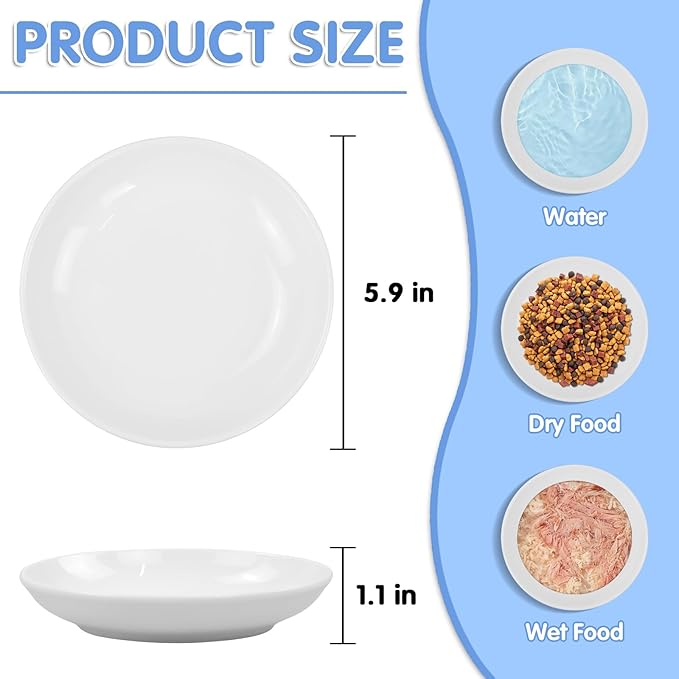 6 Pack Cat Food Bowl, Ceramic Cat Bowls, Anti Whisker Fatigue Cats Bowl Set,5.5 Inches Shallow Wide Kitten Plates for Food and Water (White-C)