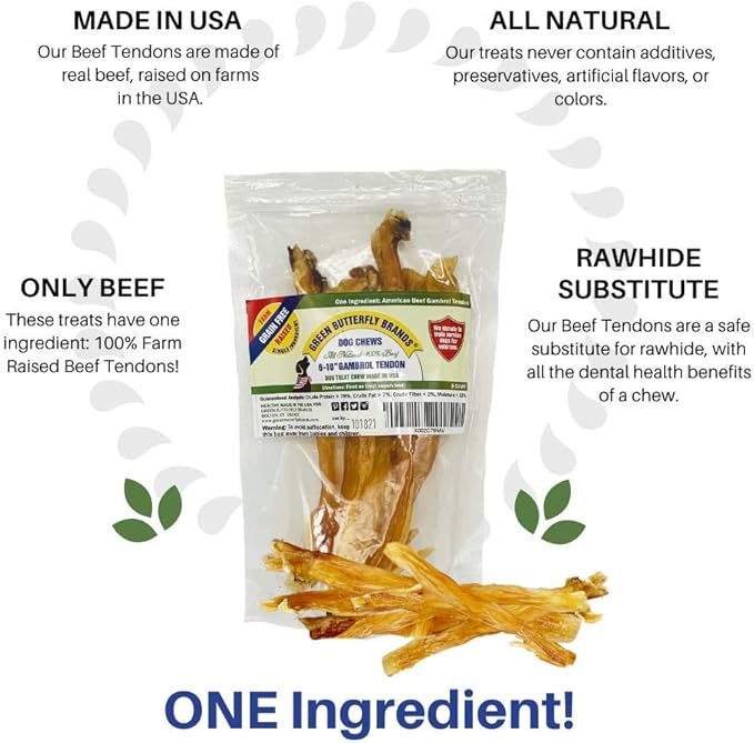Beef Tendons for Dogs Made in USA. 6-10 Inch Grass Fed Farm-Raised American Beef Dog Treats. All Natural Dog Dental Chews. Grain Free Odor-Free Chews 5 Count