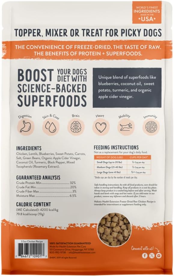 Health Extension SuperBites Freeze-Dried Raw Chicken Meal Mixer for Dogs, (3.5 oz, 99.2 g) – Premium Blend with Raw Proteins and Superfoods for Optimal Nutrition