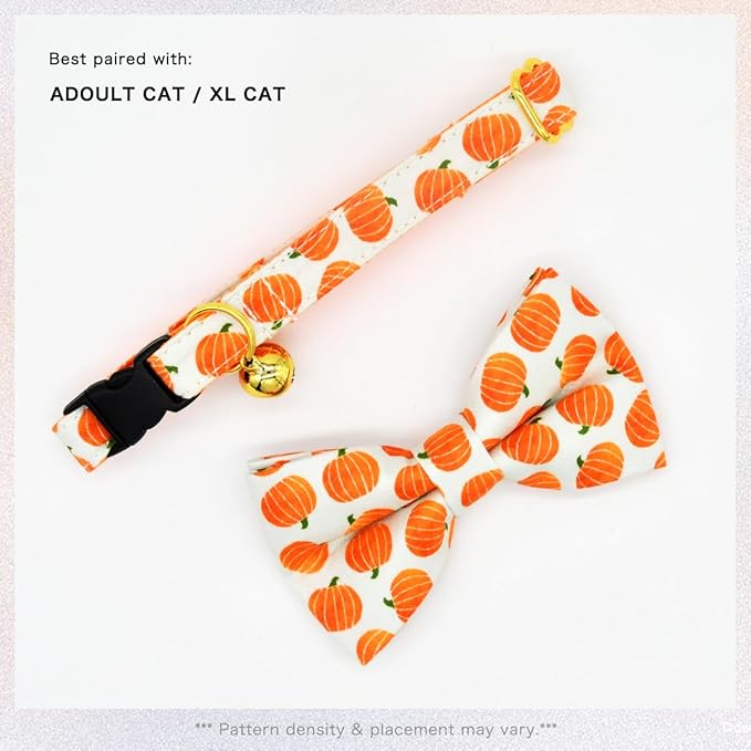 Cat Collar Bow Set, Halloween Orange Pumpkin, Wedding/Birthday Breakaway Collar Bowtie for Kitten/Cat