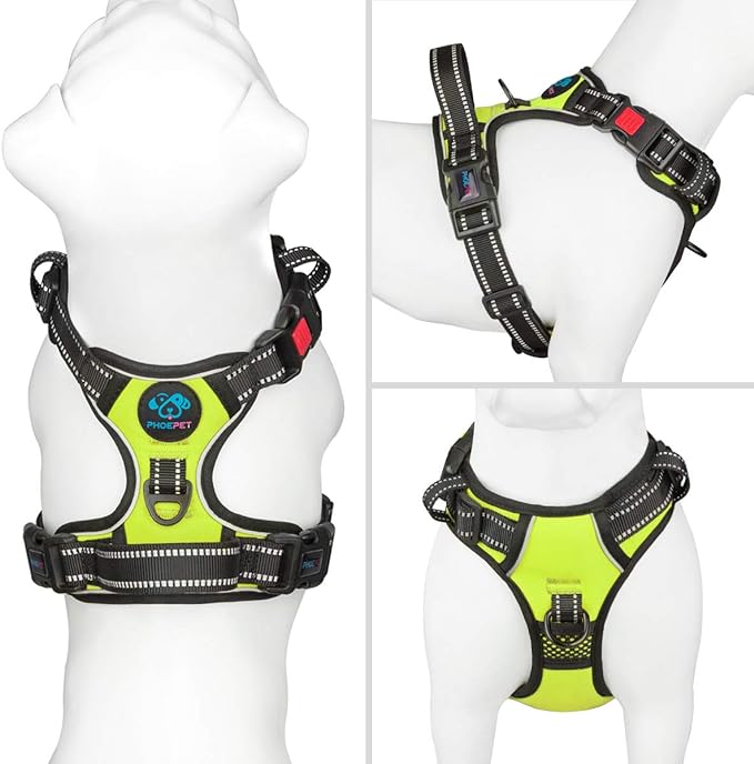 PHOEPET No Pull Dog Harnesses for Small Dogs Reflective Adjustable Front Clip Vest with Handle 2 Metal Rings 3 Buckles [Easy to Put on & Take Off] (XS, Green)