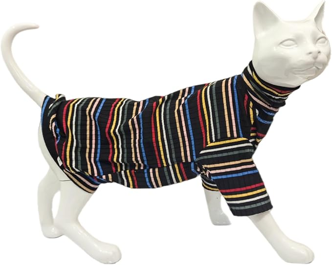 Turtle Neck Vintage Stripes Sphynx Hairless Cat Cotton T-Shirts Pet Clothes Vest Kitten Shirts Sleeveless, Cats & Small Dogs Apparel (Dark Rainbow, XL (9-12.5 lbs))