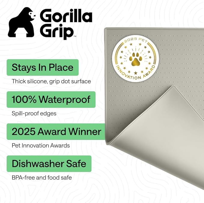 GORILLA GRIP 100% Waterproof Raised Edge BPA Free Silicone Pet Feeding Mat, Dog Cat Food Mats Contain Spills Protects Floors, Placemats for Cats, Dogs Water Bowl, Pets Accessories 18.5x11.5 Light Gray