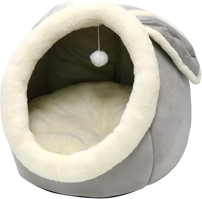 Lcybem Cat Beds for Indoor Cats - Rabbit-Shaped Cat Cave Bed with Hanging Toy,Super Soft Calming Pet Bed for Kitten,Small Dog,Warm Plush&Machine Washable&Removable Cotton Pad,cat Hideaway