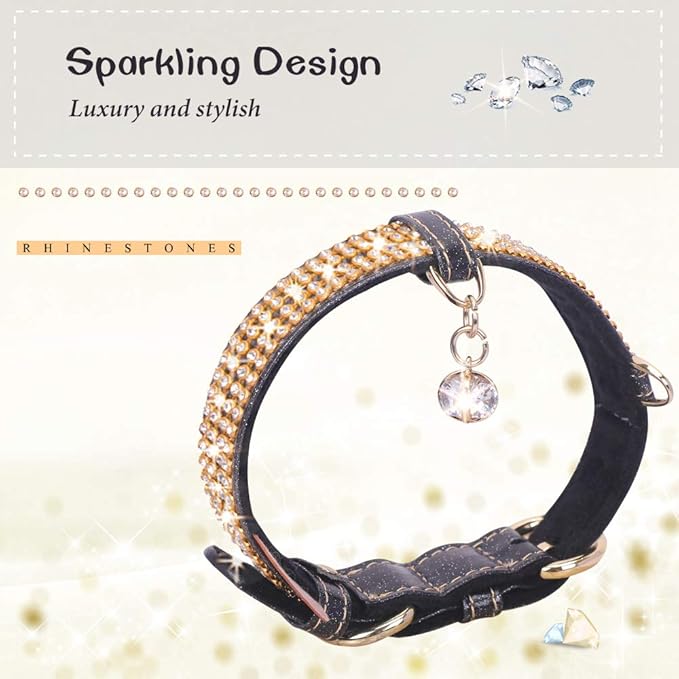PetsHome Cat Collar, Dog Collar, [Bling Rhinestones] Premium PU Leather with Pendant Adjustable Collars for Cat and Small Dog Extra Small Black
