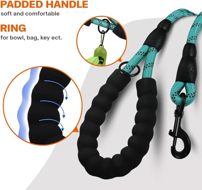 Taglory Rope Dog Leash 5 FT with Comfortable Padded Handle, Highly Reflective Threads Leash and Anti-Tangle Clip for Walking Small Dogs, 3/8 inch, Turquoise