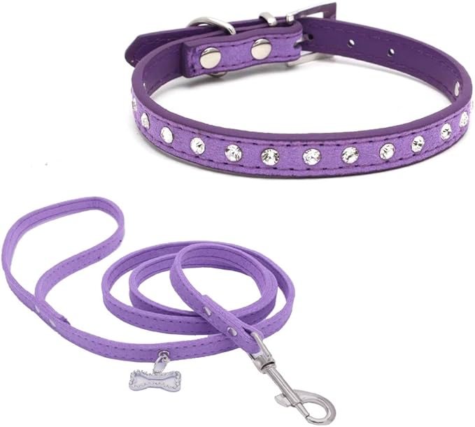 Dogs Kingdom 10 "-16.5" Total Length Suede Skin Jeweled Rhinestones Pet Dog Collar Leash Set Sparkly Crystal Diamonds Studded Leather Puppy Dog Cat Collar Leash Set Purple XXS
