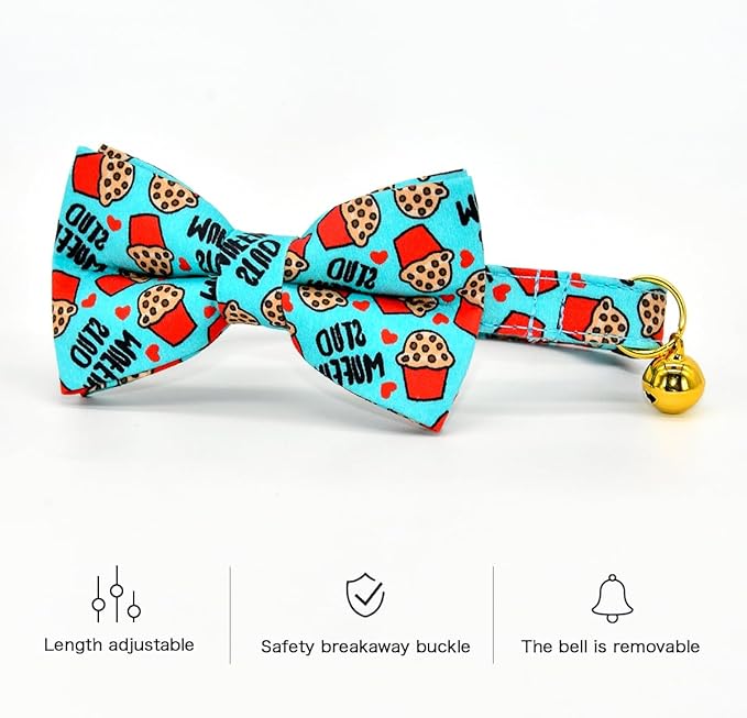 Cat Collar Bow Set, Blue Stud Muffin Cake, Wedding/Birthday Breakaway Collar Bowtie for Kitten/Cat