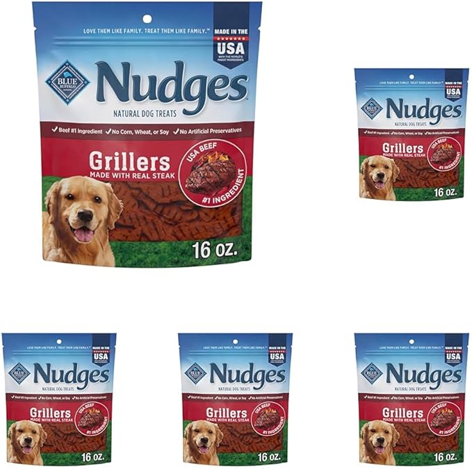 Blue Buffalo Nudges Grillers Natural Dog Treats, Made in the USA with Real Steak, 16-oz Bag (Pack of 5)