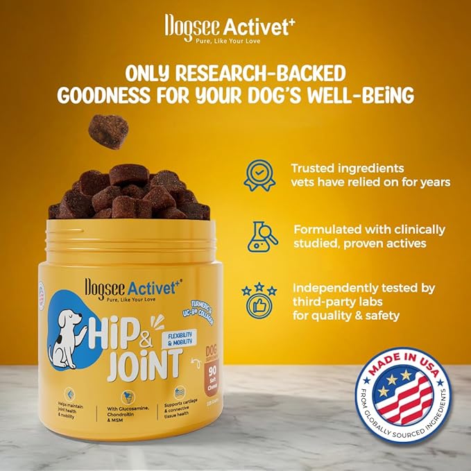 Dogsee Activet+ Dog Hip & Joint Supplement Chews, with Glucosamine, Chondroitin, MSM, Collagen & Omega 3, Mobility & Cartilage Support, Chicken Flavor – 90 Chews