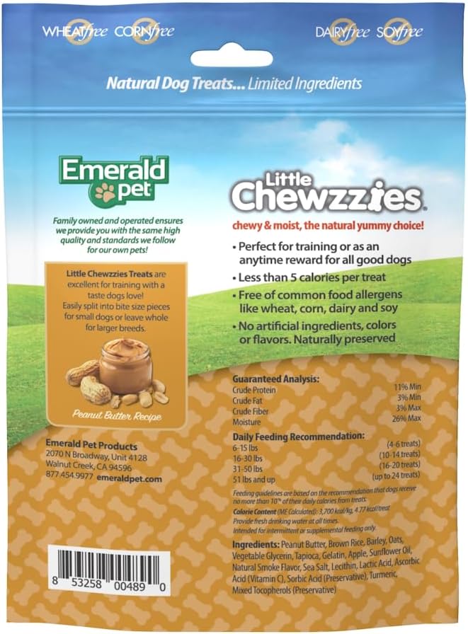 Emerald Pet Little Chewzzies Wheat Free Training Dog Treats — Healthy and Tasty Natural Dog Chews with Real Meat or Peanut Butter — Limited Ingredient Dog Treats Made in The USA — Peanut Butter, 5 oz