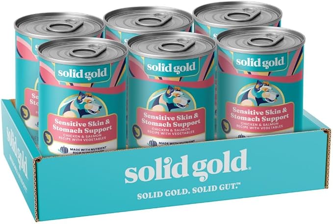 Solid Gold Sensitive Stomach Wet Dog Food for Adult & Senior Dogs - Grain Free Wet Dog Food w/Real Chicken, Salmon, Probiotics & Superfoods for Gut Health & Sensitive Stomach Support -6ct 12.5oz Cans