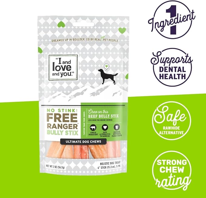 I and love and you Free Ranger No Stink! Natural Grain Free Bully Stix - Low Odor, 100% Beef Pizzle, 6-Inch, Pack of 5