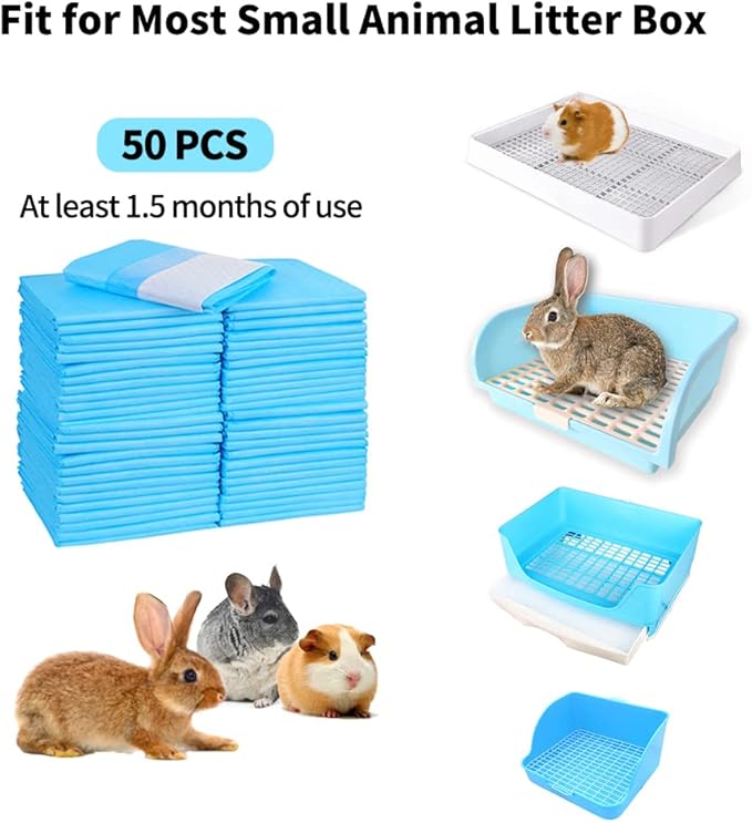 Amakunft Rabbit Pee Pads, Pet Toilet/ Potty Training Pads, Super Absorbent Guinea Pig Disposable Diaper for Hedgehog, Hamster, Chinchilla, Cat, Reptile and Other Small Animal (50pcs-18 x13, Blue)