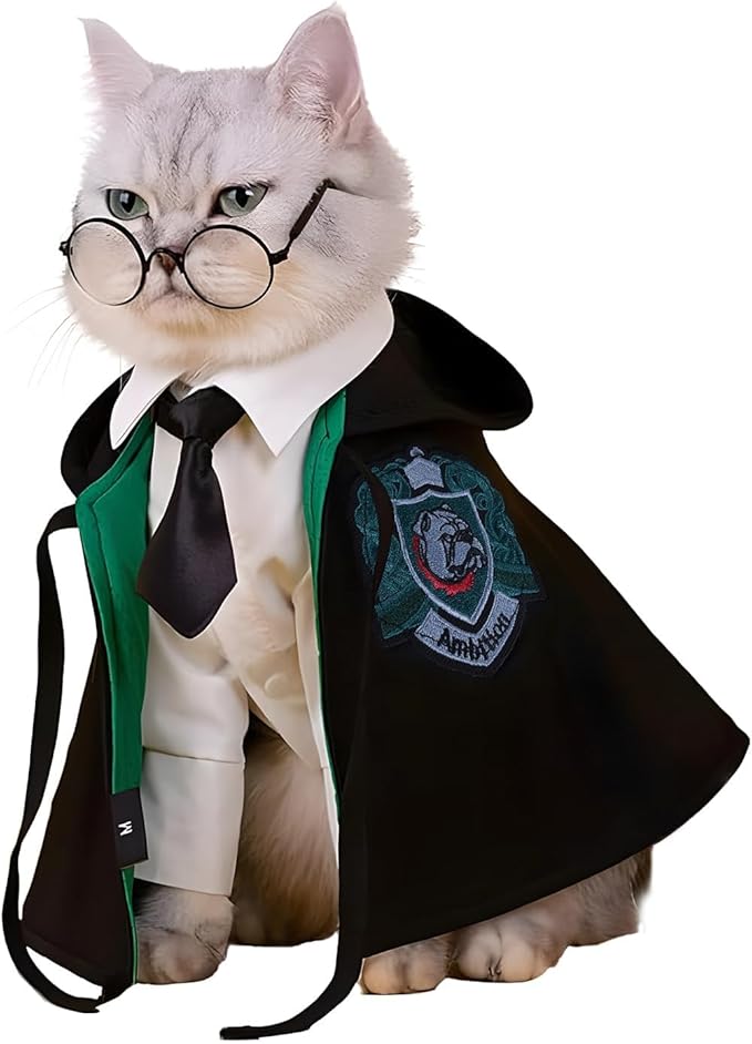 Cat Halloween Costume - Pet Wizard Costumes Mantle Magician Cosplay Clothes with Bowtie & Glasses Set, Festival Party Apparel for Small Pets Cats Dogs