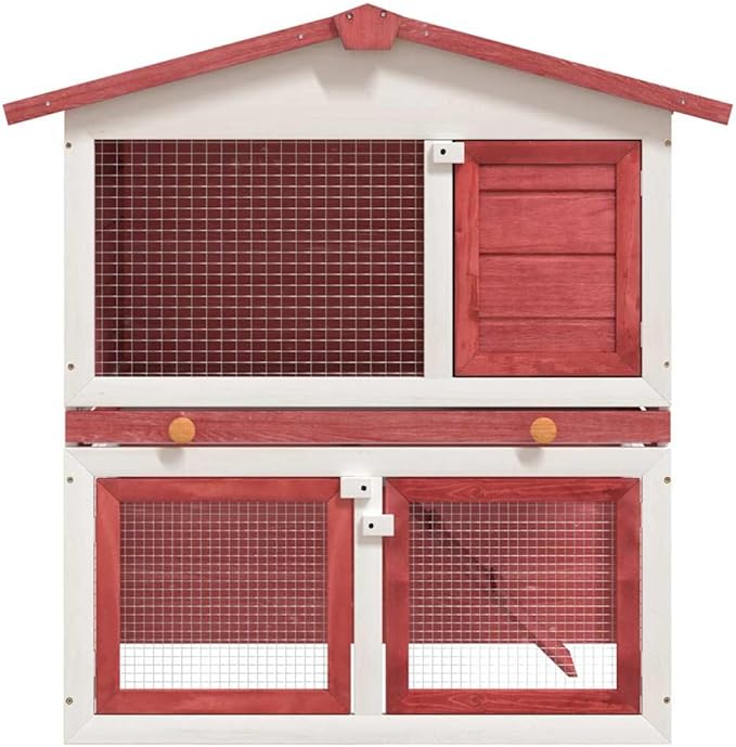 Red and White Solid Pine Outdoor Rabbit Hutch Bunny Cage House Enclosure 37 x 37 x 38.6 Inch Weather-Resistant Design with Pull-Out Tray for Garden Pet Safety