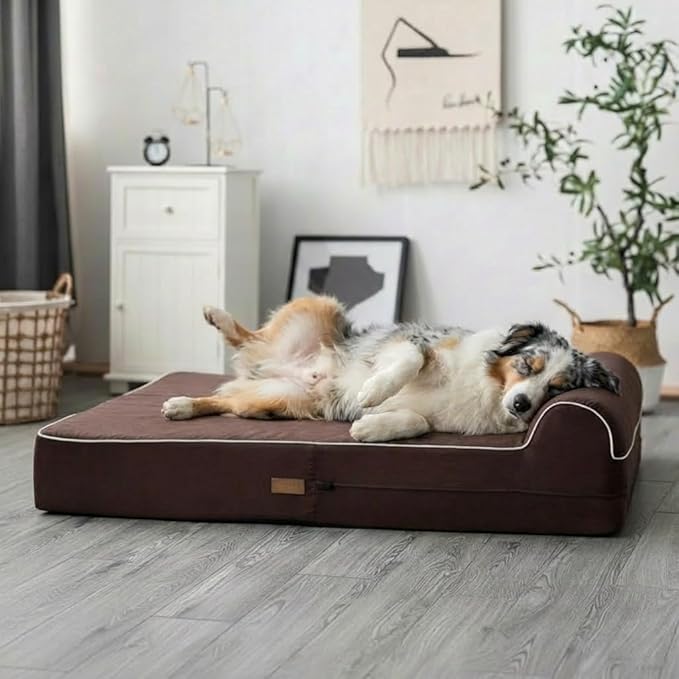 5.5 Inch Thick High Grade Orthopedic Memory Foam Dog Bed With Pillow and Easy to Wash Removable Cover with Anti-Slip Bottom. Free Waterproof Liner Included - for Large Breed Dogs