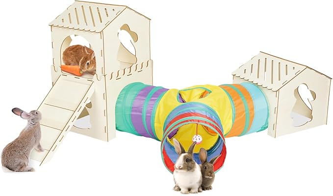 Extra Large Sturdy Rabbit Hideout with 3 Way Tunnels, Wooden Bunny Castle with Stairs, Rabbit Hideout Castle Tower Toys for Indoor Outdoor Play