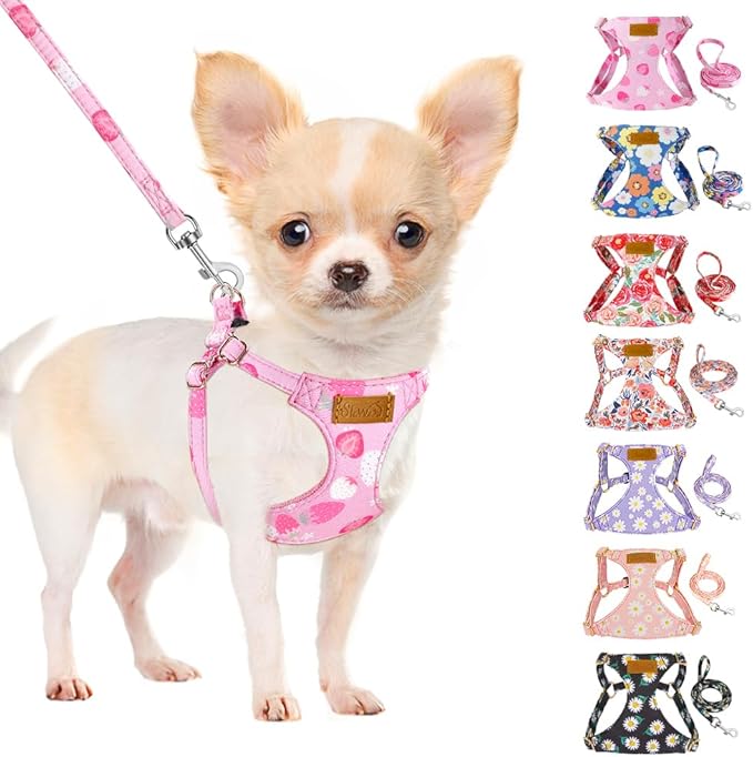 SlowTon No Pull Dog Harness with Leash - Soft Lightweight Floral Pattern Puppy Harness, Adjustable Pet Harness for Small Medium Dogs (Pink Strawberry, M)