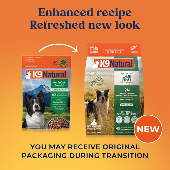 K9 Natural Lamb Freeze Dried Dog Food, High-Meat Natural Complete Meal or Meal Toppers for Dogs, Grass-Fed Lamb from New Zealand, Grain-Free, GMO-Free, Complete & Balanced Nutrition, 1.1lb
