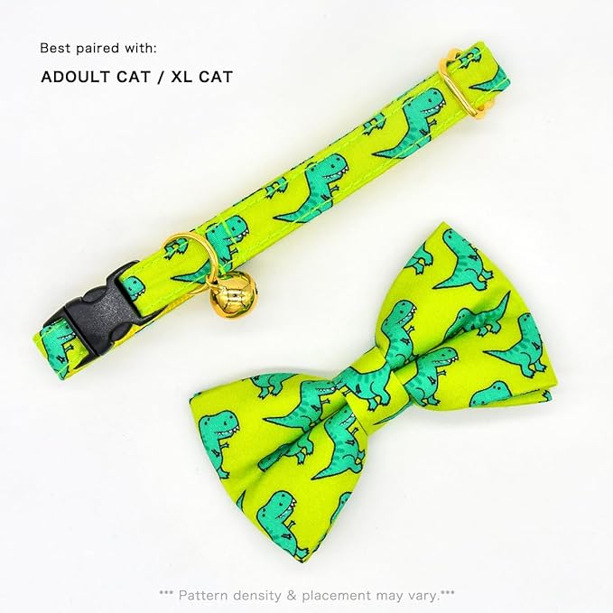 Cat Collar Bow Set, Green Dinosaur, Wedding/Birthday Breakaway Collar Bowtie for Kitten/Cat