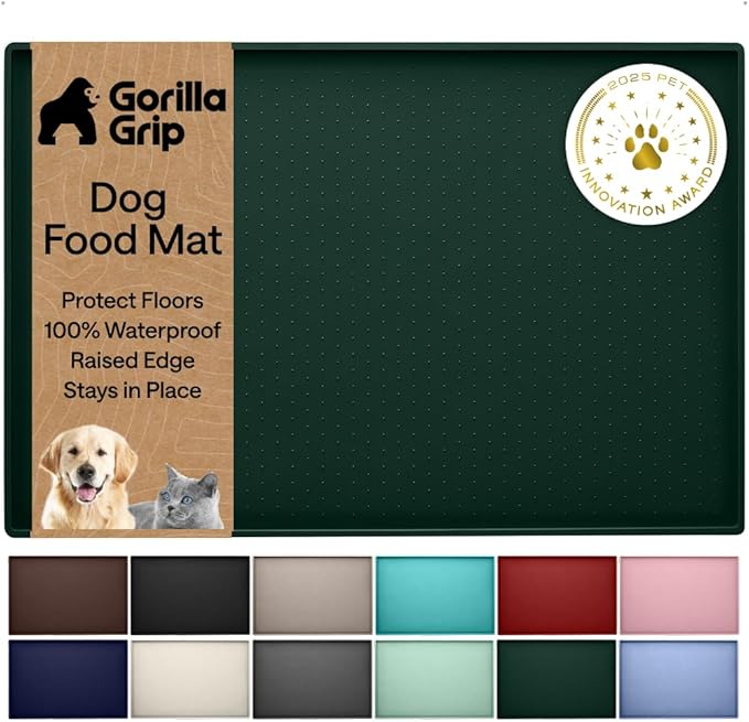 GORILLA GRIP 100% Waterproof Raised Edge BPA Free Silicone Pet Feeding Mat, Dog Cat Food Mats Contain Spills Protects Floors, Placemats for Cats and Dogs Water Bowl, Pets Accessories 16x10, Green