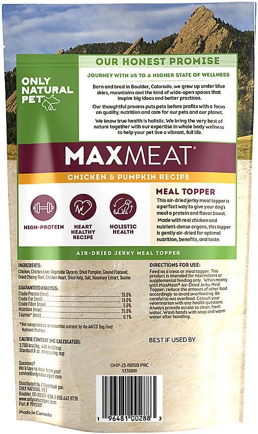 Only Natural Pet MaxMeat Holistic Air Dried Dry Dog Food Meal Topper - All Natural, High Protein, Grain Free - Beef with Pumpkin & Parsley 4 oz and Chicken with Pumpkin & Parsley 4 oz Combo