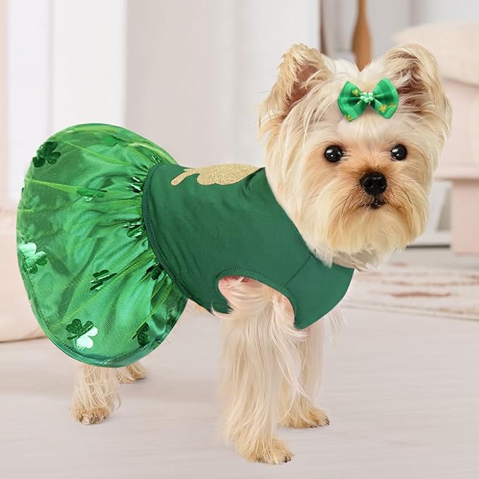 Idepet St. Patrick's Day Dog Dress with Bow Dog Tulle Skirt for Small Dog Girls Green Puppy Dress Cat Apparel Pet Holiday Outfits (Green 2, Small)
