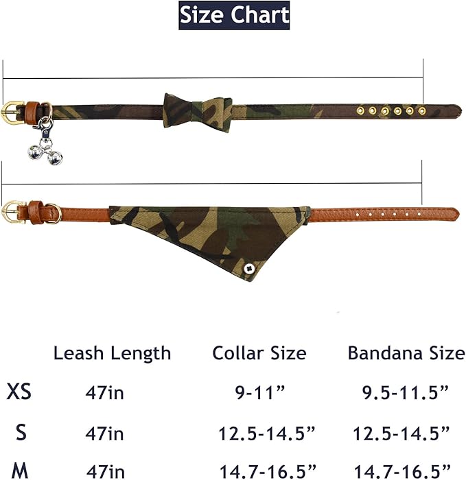 3PCS Bow Tie Dog Collar and Leash Set Plaid/Camo/Dots/Flower Dog Bandanas with Bell 3 Size Adjustable for Small Dogs Puppies and Cats (M, Camo 1)