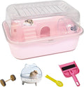 Hamiledyi Dwarf Hamster Cage Clear Plastic Small Hamster Cage Portable Carrier with Water Bottle Exercise Wheel Bathtub Box Set Toy for Dwarf Baby Hamster (Pink)