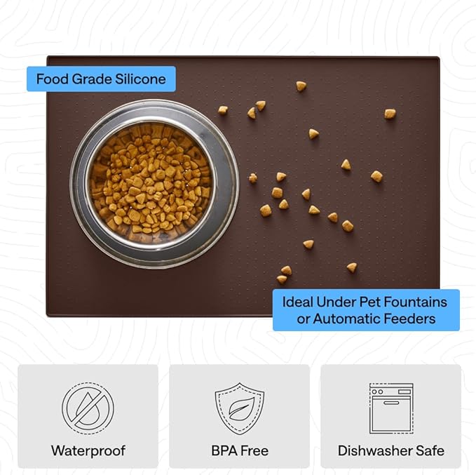 GORILLA GRIP 100% Waterproof Raised Edge BPA Free Silicone Pet Feeding Mat, Dog Cat Food Mats Contain Spills Protects Floors, Placemats for Cats and Dogs Water Bowl, Pets Accessories 28x18 Brown